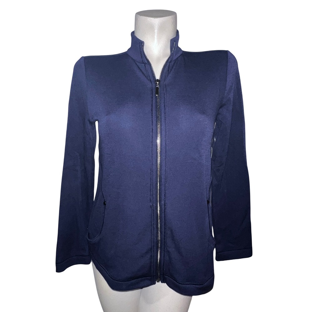 New Chicos Navy Blue Full Zip Mock Neck Jacket Long Sleeve Pockets Sz S (0) NWT